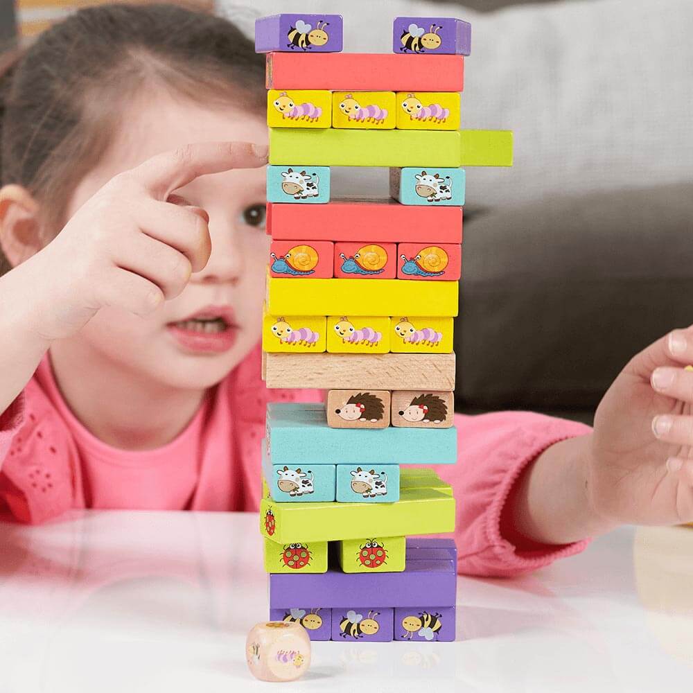 Tumble Tower Game - Wooden Animal Blocks & Dice - Image 3